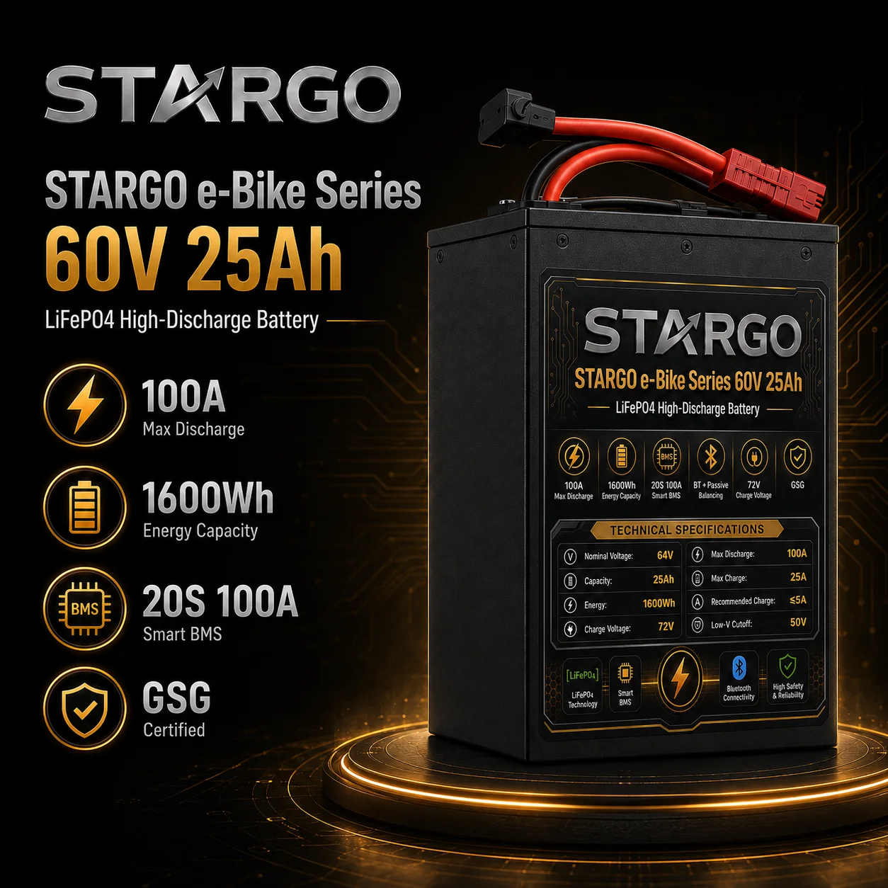 STARGO E-Bike Pack 60V 25Ah — LiFePO₄ Electric Two-Wheel / Three-Wheel Vehicle Battery