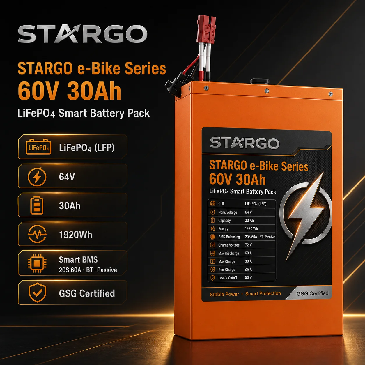 STARGO E-Bike Pack 60V 30Ah — LiFePO₄ Electric Two-Wheel / Three-Wheel Vehicle Battery