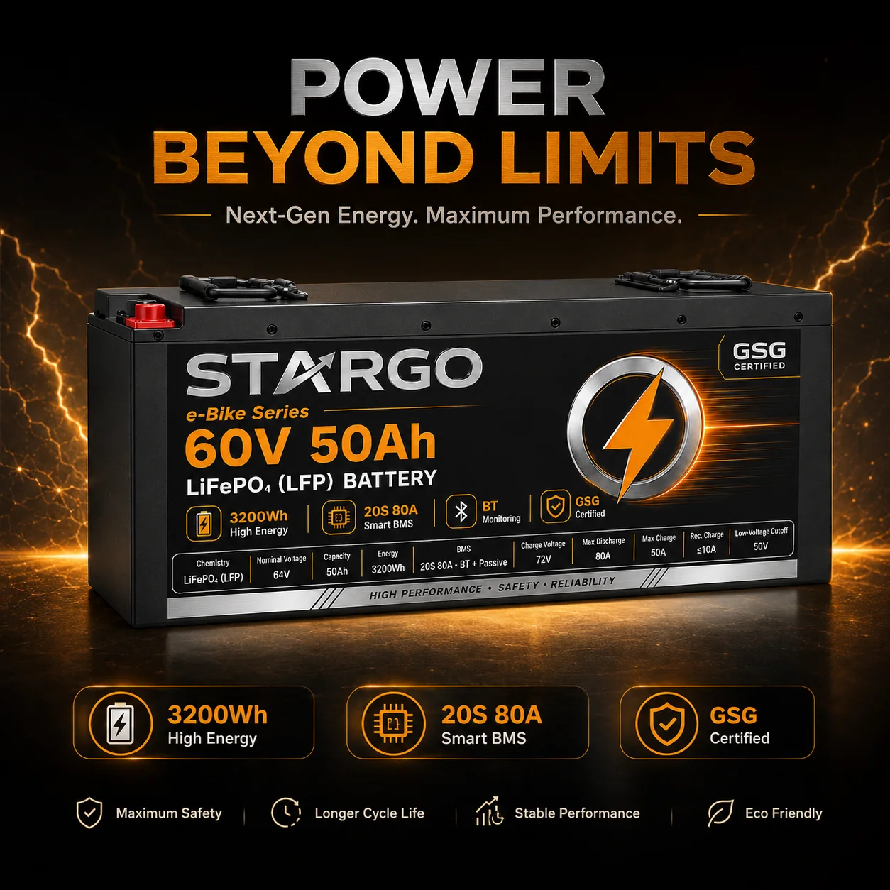 STARGO E-Bike Pack 60V 50Ah — LiFePO₄ Electric Two-Wheel / Three-Wheel Vehicle Battery