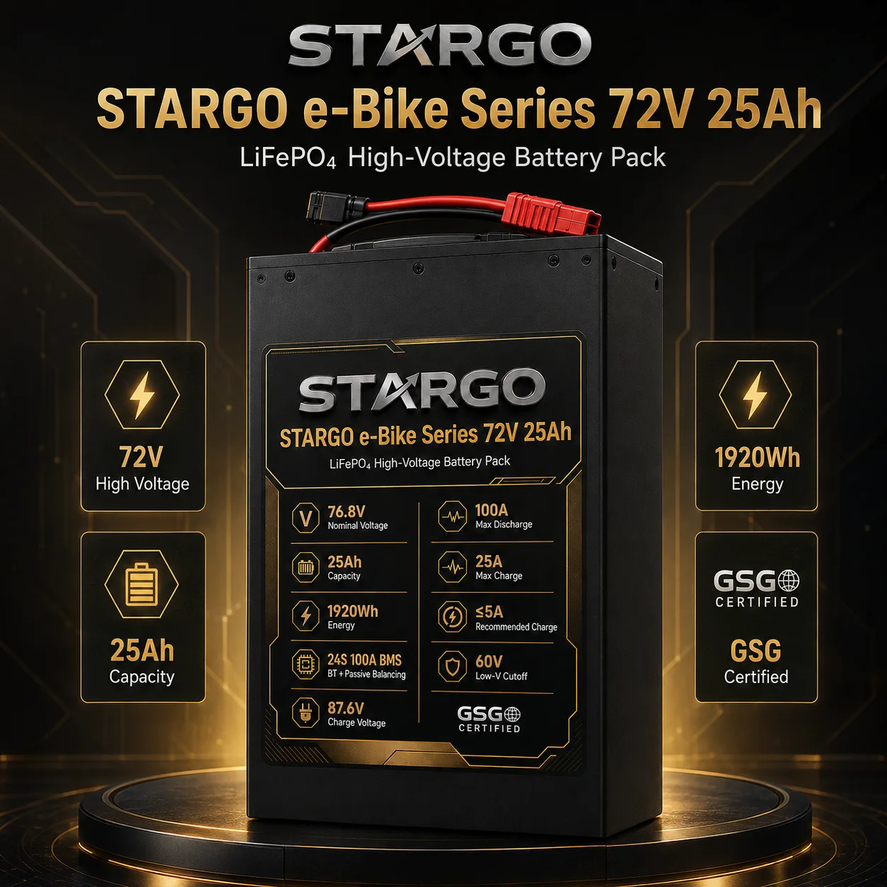 STARGO E-Bike Pack 72V 25Ah — LiFePO₄ Electric Two-Wheel / Three-Wheel Vehicle Battery
