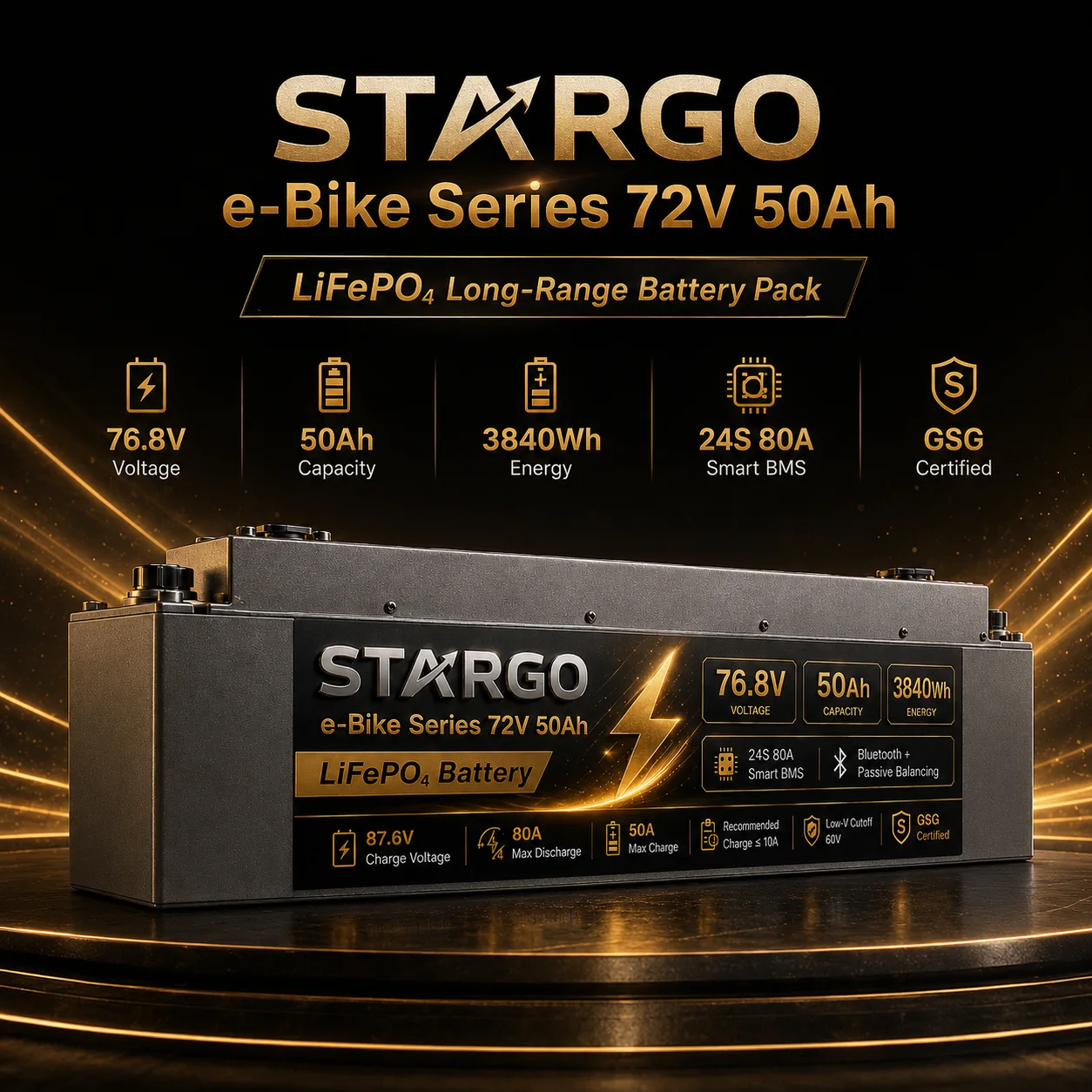 STARGO E-Bike Pack 72V 50Ah — LiFePO₄ Electric Two-Wheel / Three-Wheel Vehicle Battery