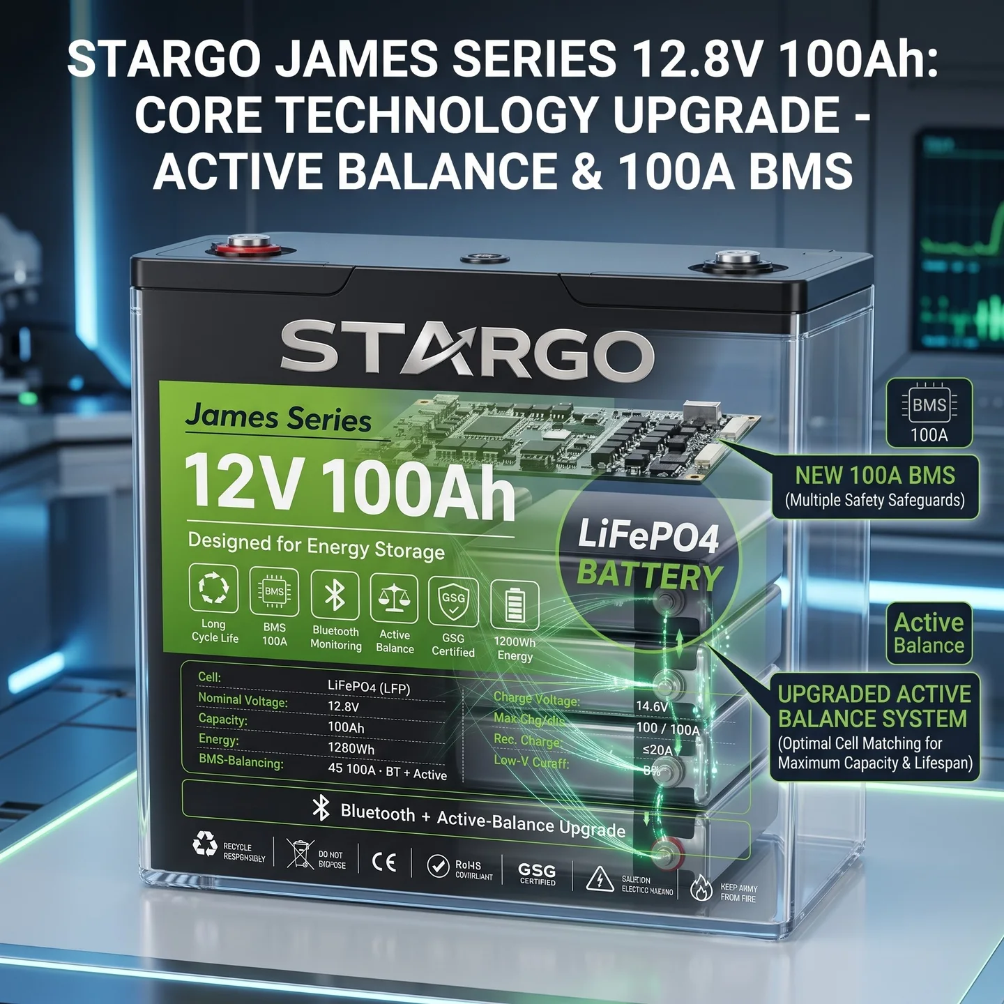 STARGO James Series 12V 100Ah  Bluetooth+Active — LiFePO₄ General LiFePO₄ Battery