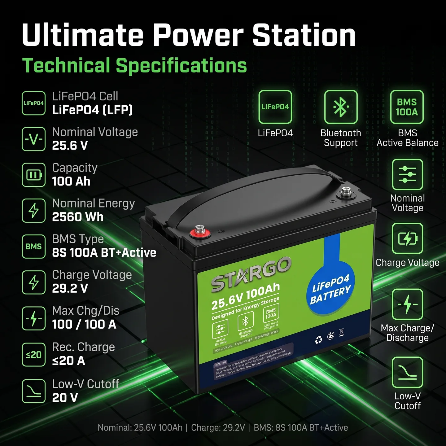 STARGO James Series 24V 100Ah  Bluetooth+Active — LiFePO₄ General LiFePO₄ Battery