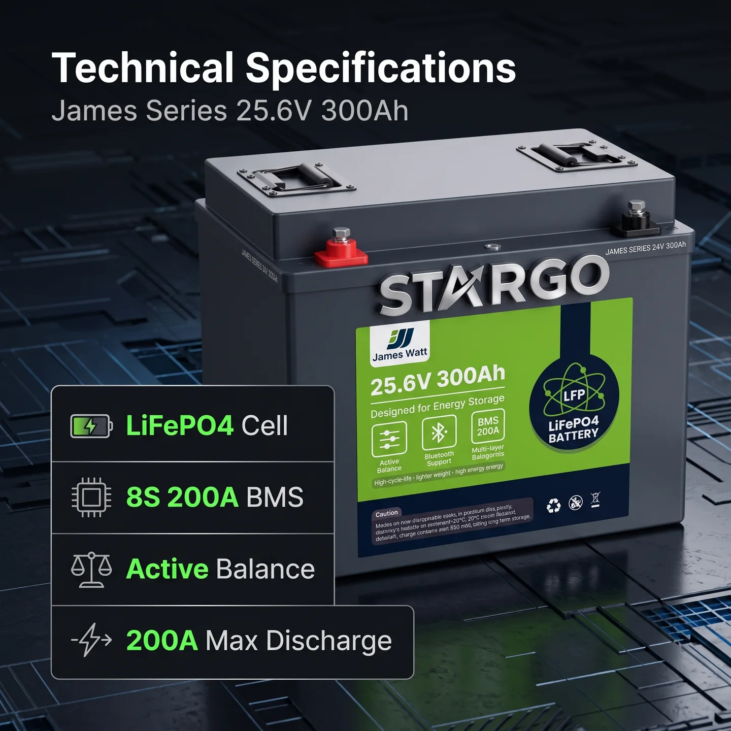STARGO James Series 24V 300Ah  Bluetooth+Active — LiFePO₄ General LiFePO₄ Battery