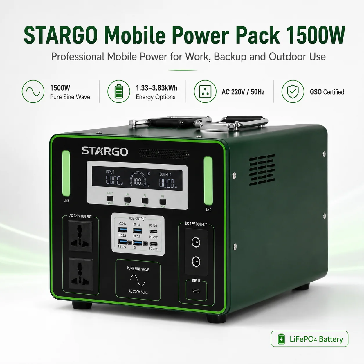 STARGO Power Station 1500W — LiFePO₄ Portable Mobile Power Supply