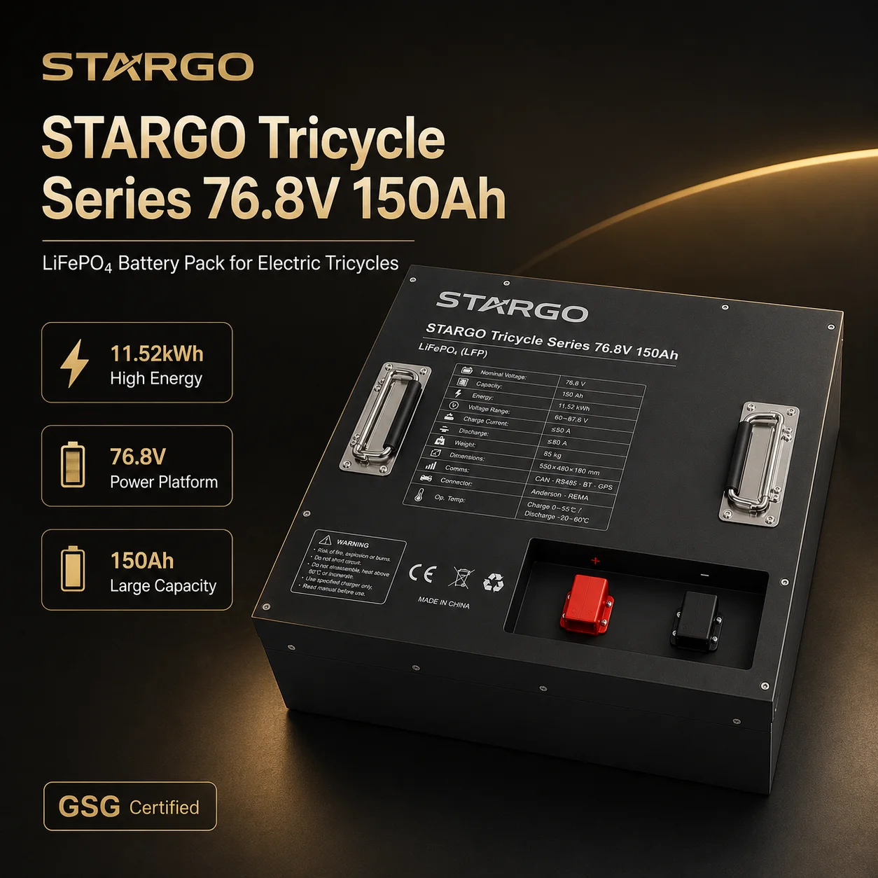 STARGO E-Tricycle 76.8V 150Ah — LiFePO₄ Electric Two-Wheel / Three-Wheel Vehicle Battery
