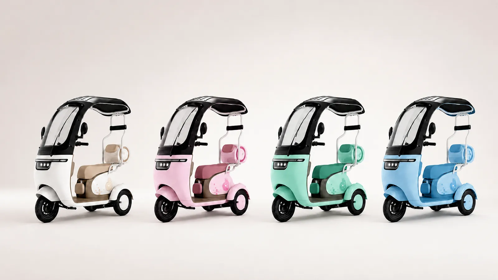 Electric passenger tricycle configuration and colour options for international sourcing
