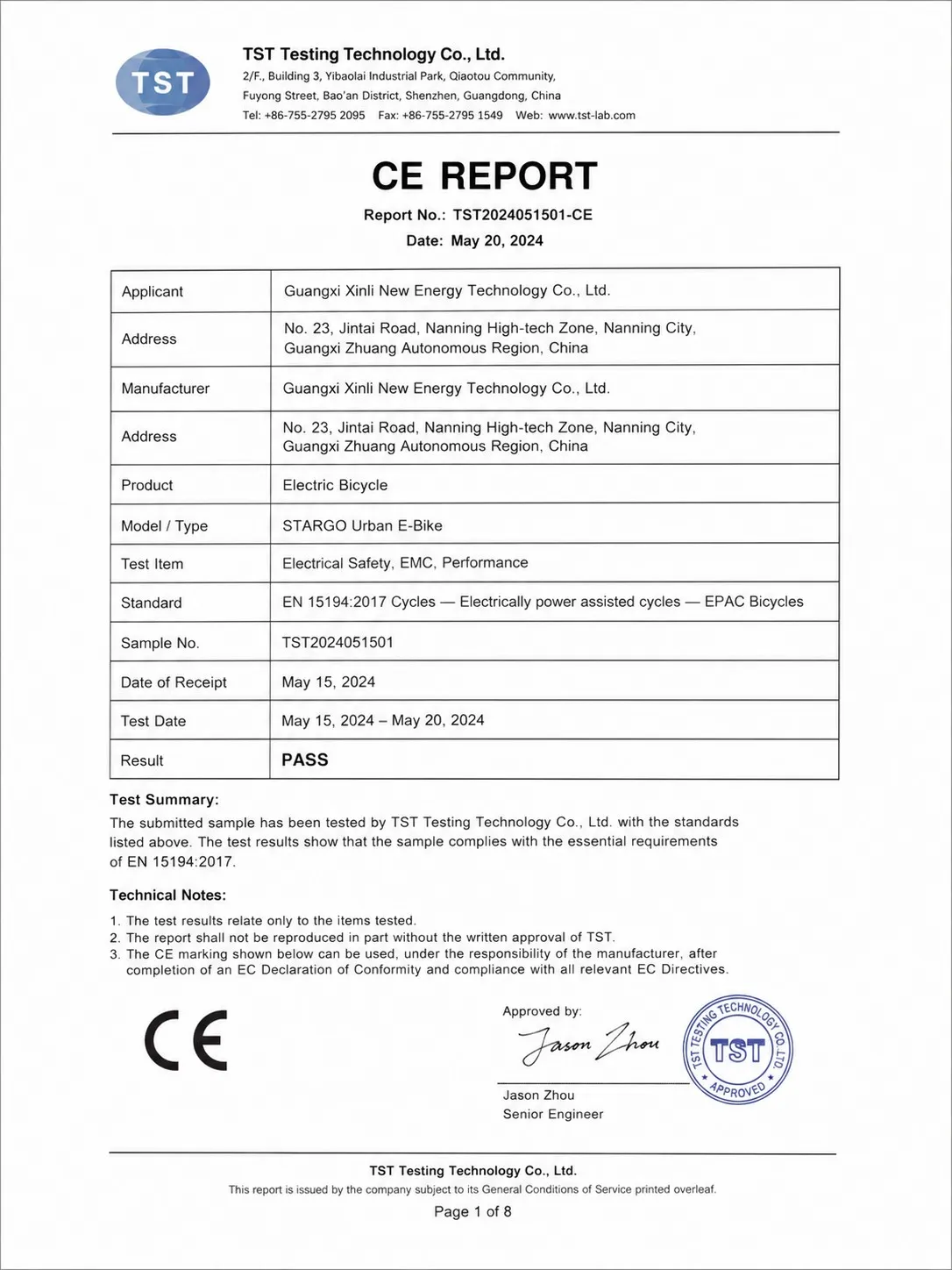 CE Report TST2024051501-CE, issued 2024-05-20 by TST Testing Technology Co., Ltd.