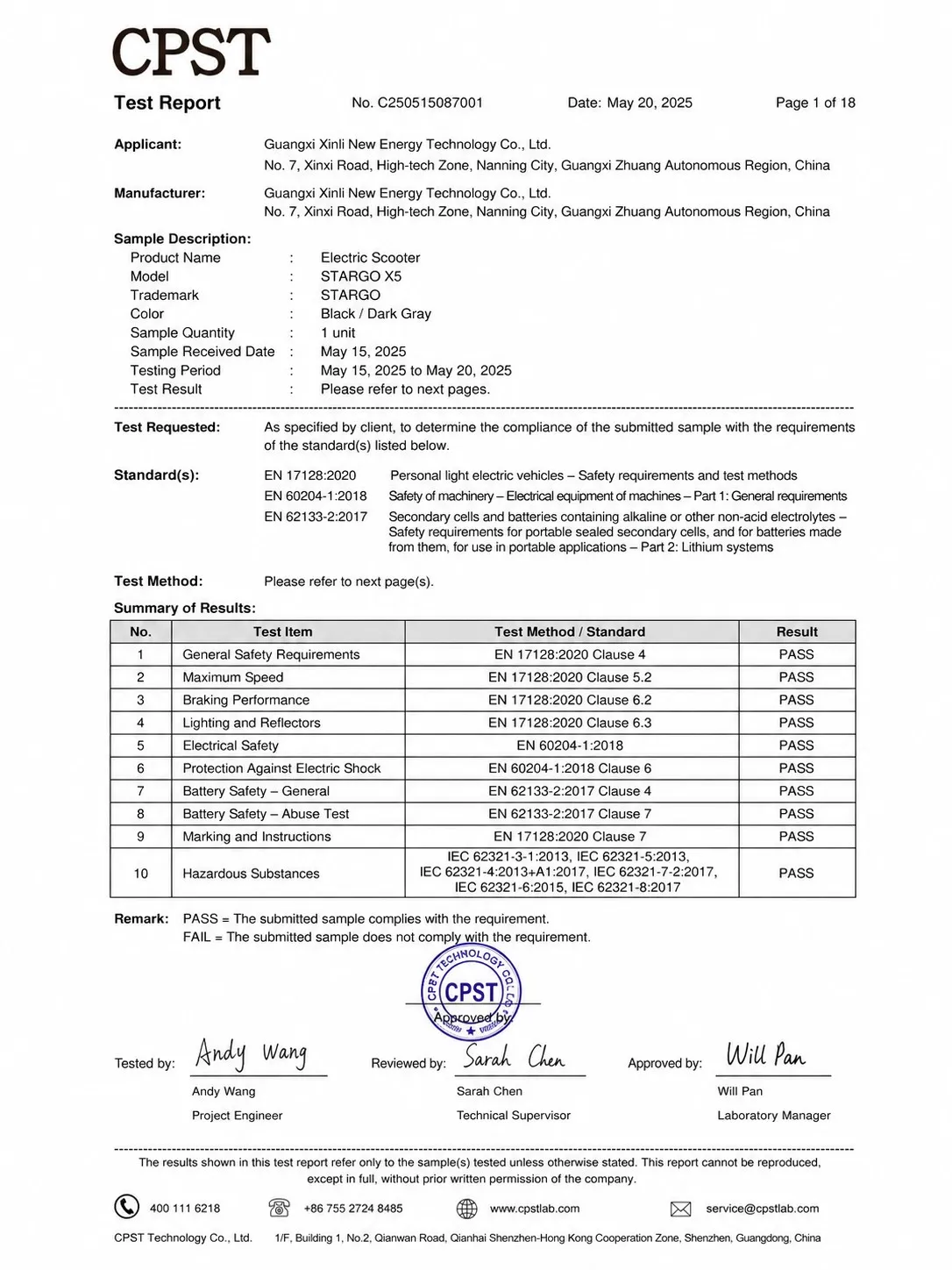 CPST Test Report C250515087001, issued 2025-05-20 by CPST Technology Co., Ltd.