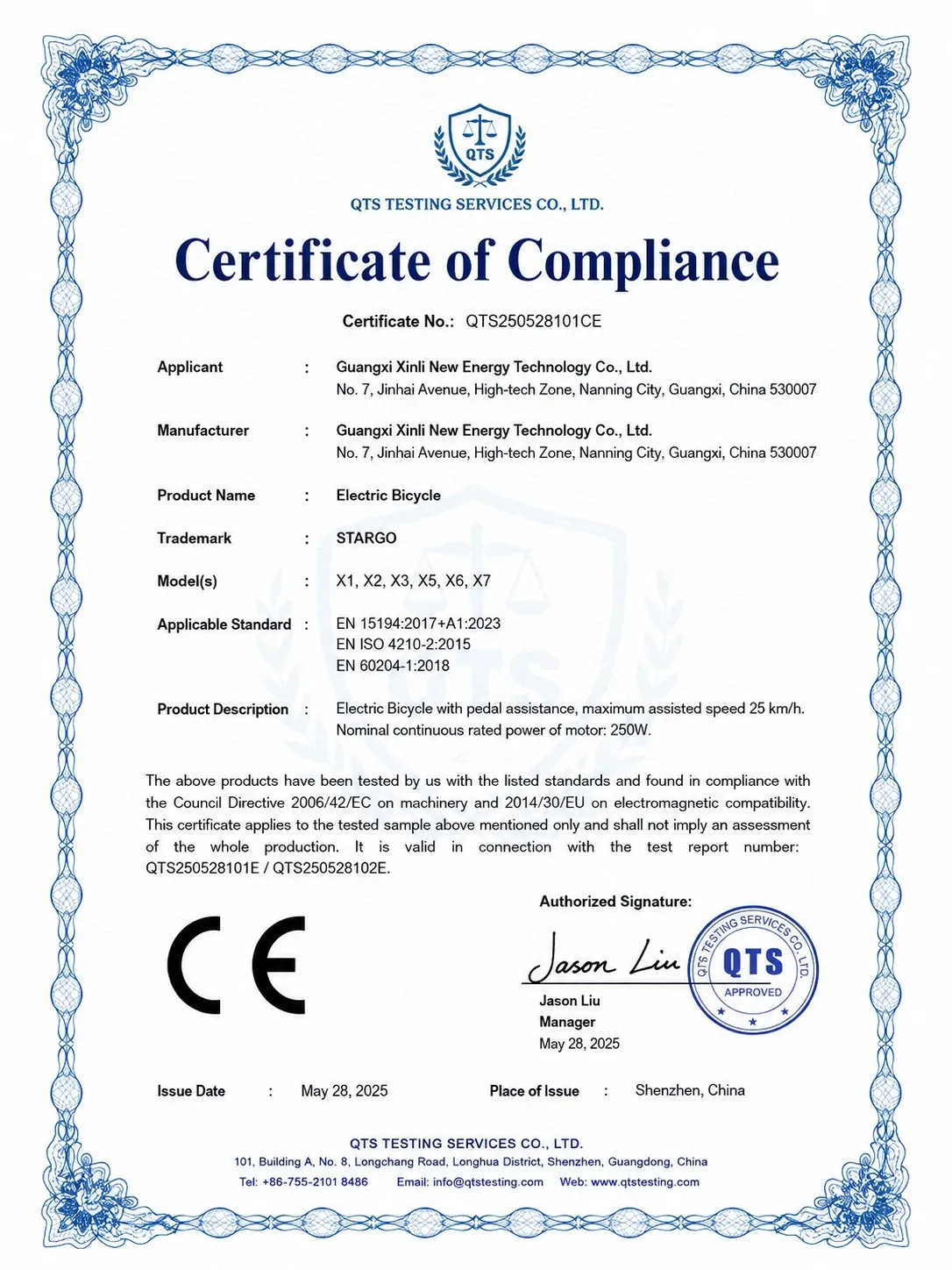 Certificate of Compliance QTS250528101CE, issued 2025-05-28 by QTS Testing Services Co., Ltd.